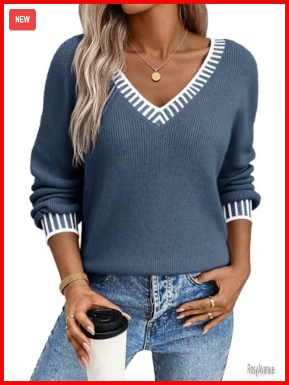 Women's V-Neck Long Sleeve Cable Knit Pullover Sweater Loose Fit